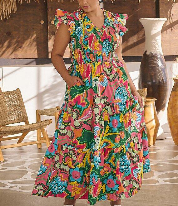 Sugarlips Plus Lanai Tropics Sunfire Smocked Bodice Flutter Sleeve Tiered Poplin Midi Dress Product Image