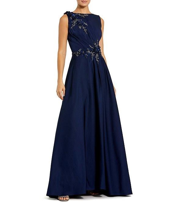 Mac Duggal Sequin Floral Applique Boat Neck Sleeveless Gathered Gown Product Image