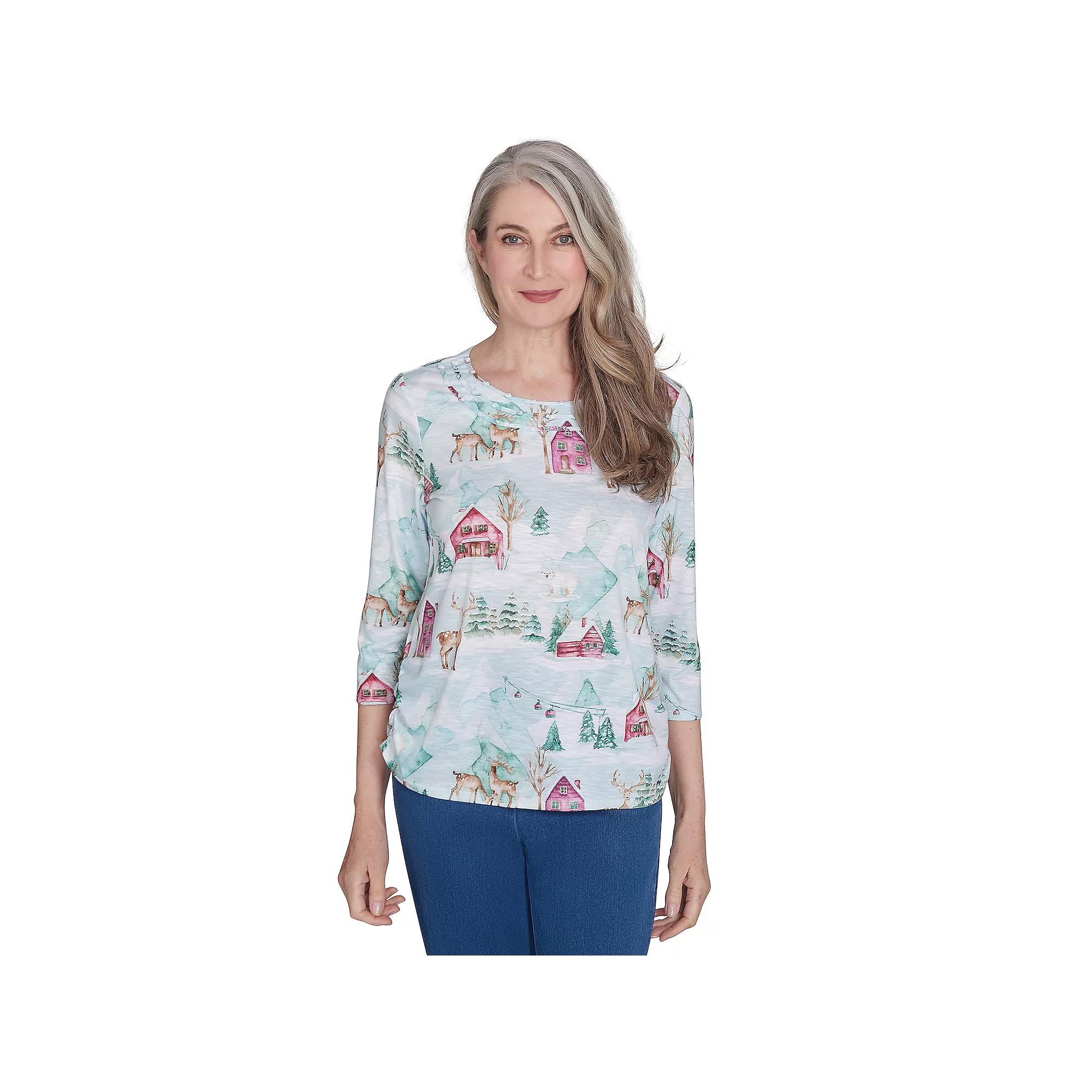 Women's Alfred Dunner Triple Notch Neck Deer Village Top, Size: Small, Multi Green Product Image