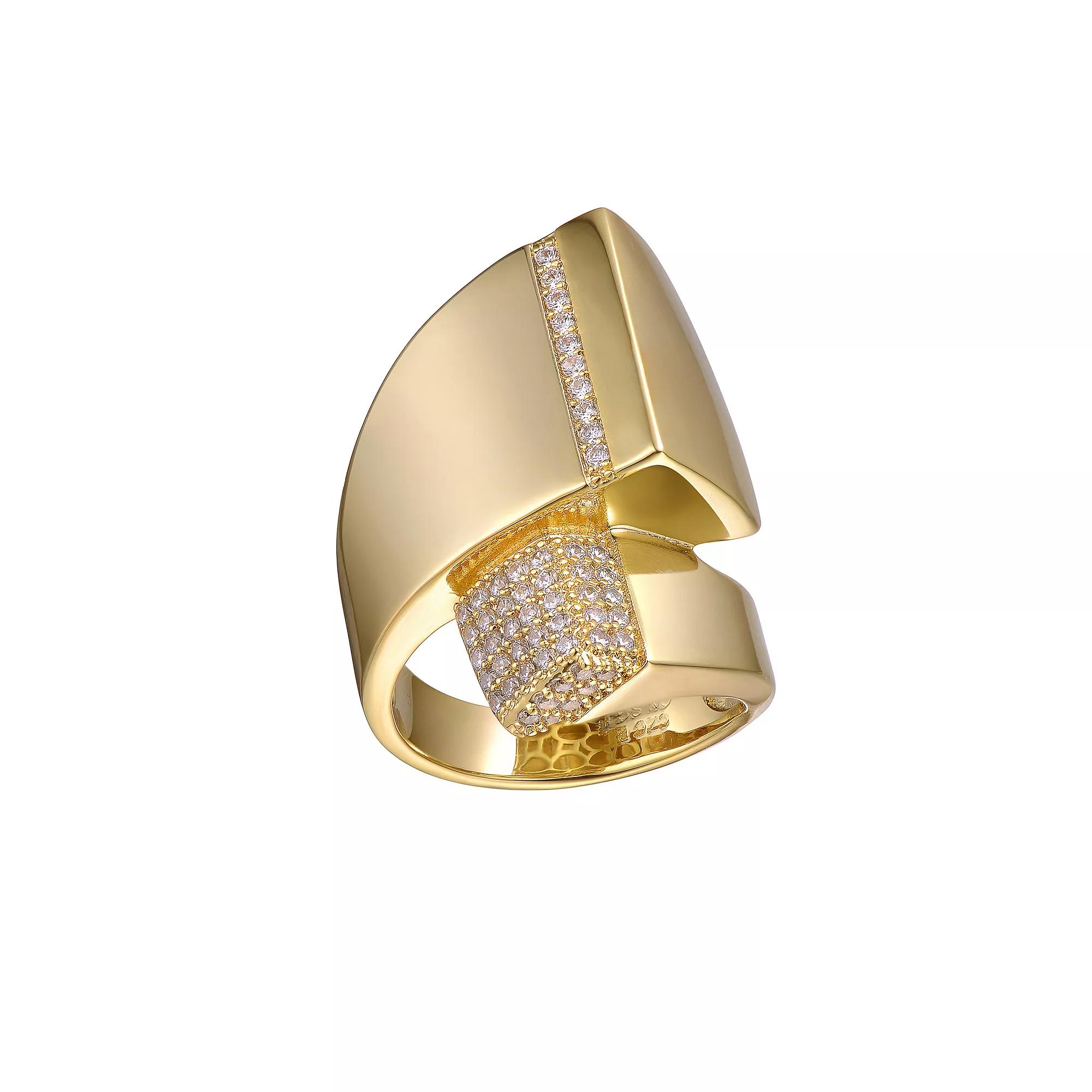 14k Gold Over Silver Cubic Zirconia & Diamond Accent Modern Open Cuff Scroll Ring, Womens Gold Tone Product Image