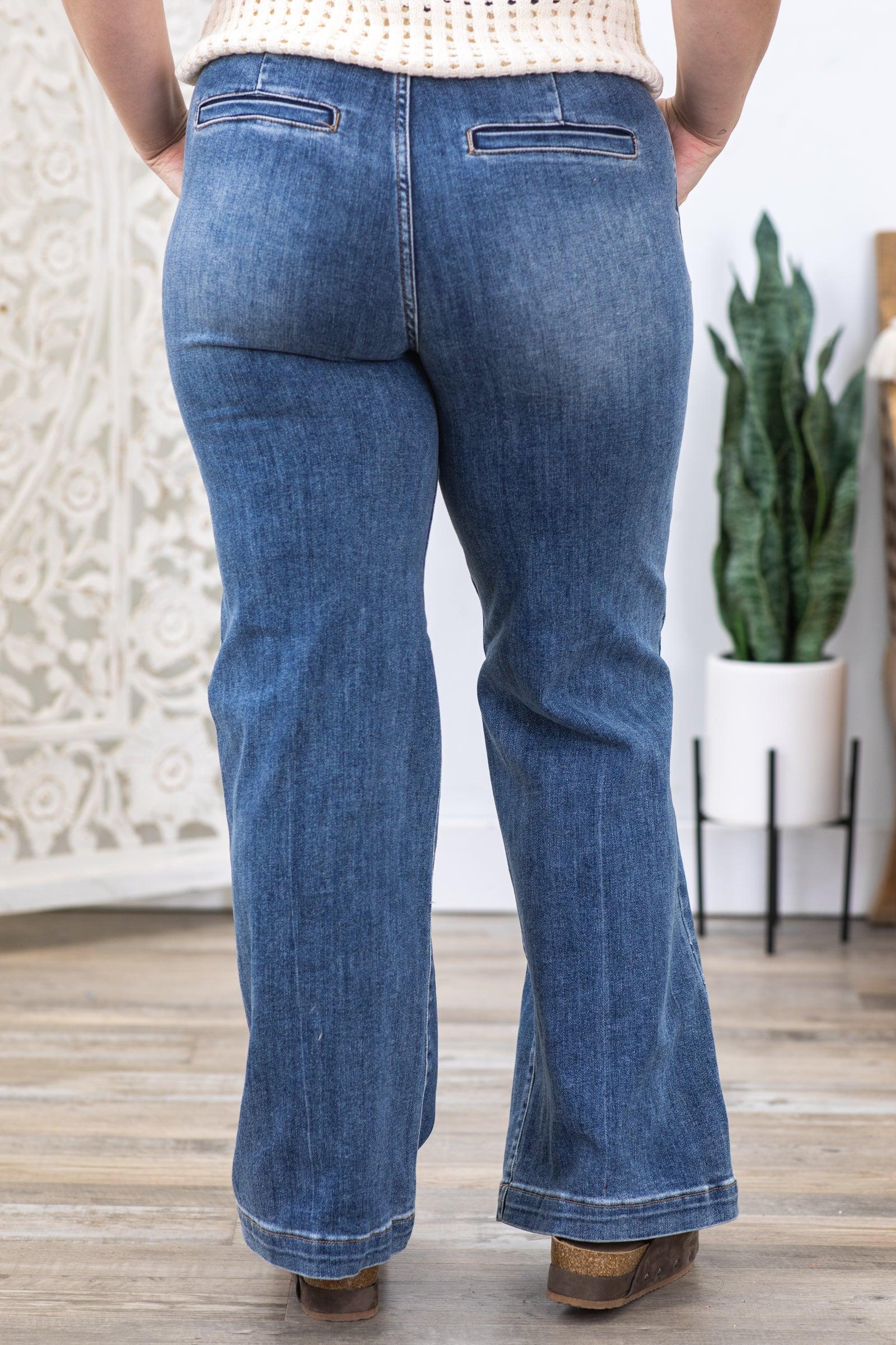 Risen Medium Wash Button Fly Wide Leg Jeans Product Image