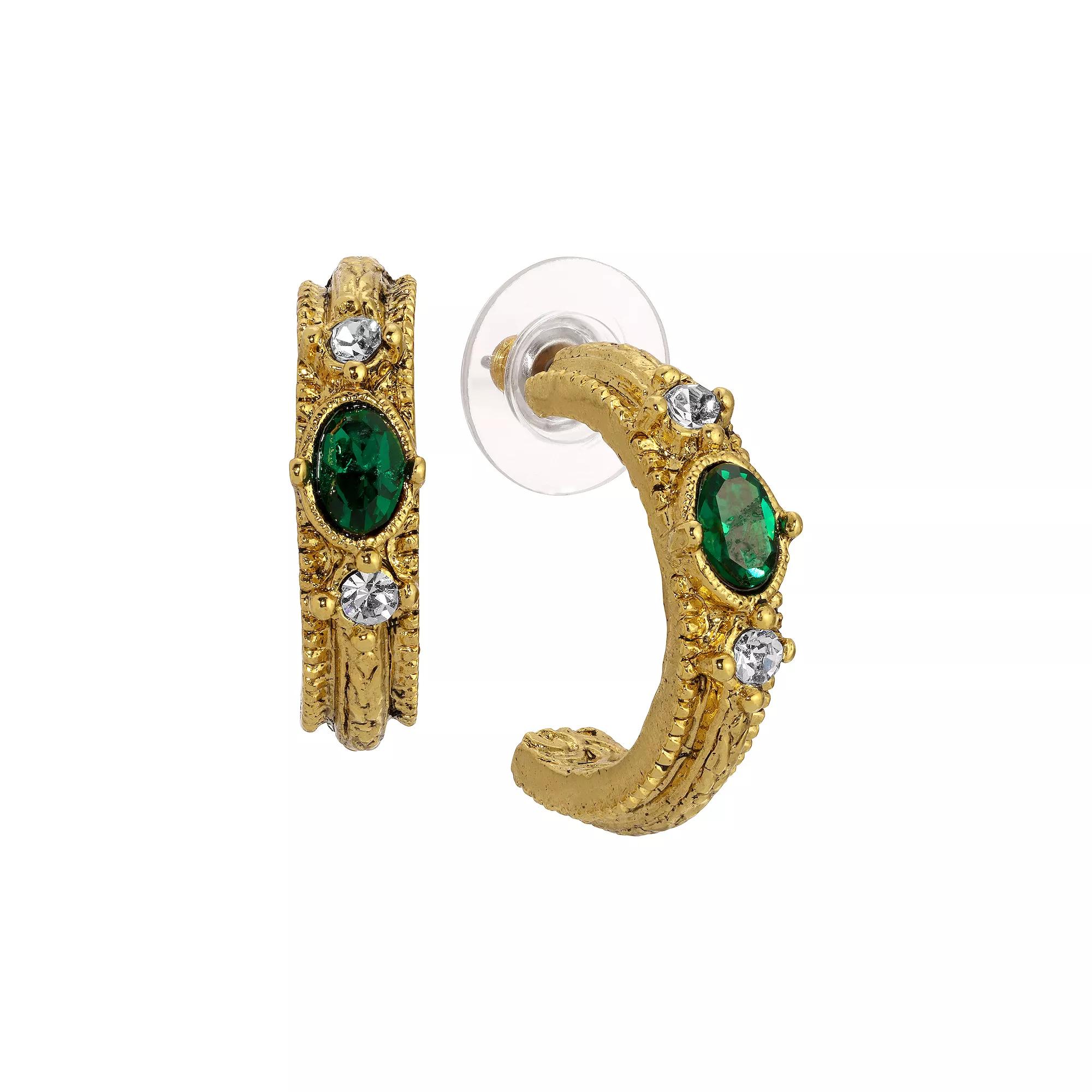 1928 Gold Tone Oval Crystal Hoop Earrings, Womens, Green Product Image