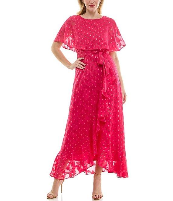 Moda Tara Foil Chiffon Short Capelet Sleeve Crew Neck Ruffle Skirt Maxi Dress Product Image