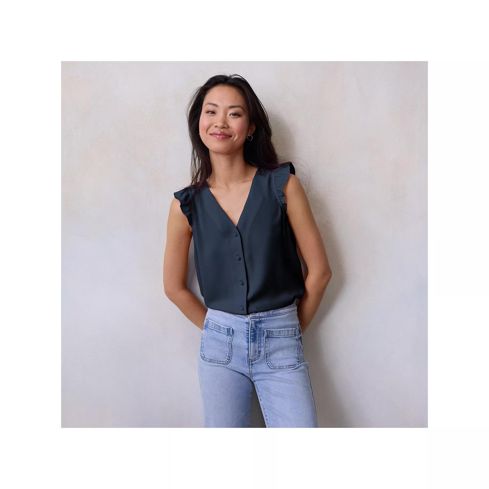 Women's LC Lauren Conrad Ruffle Shoulder V-Neck Tank, Size: Small, Seattle Blue Product Image