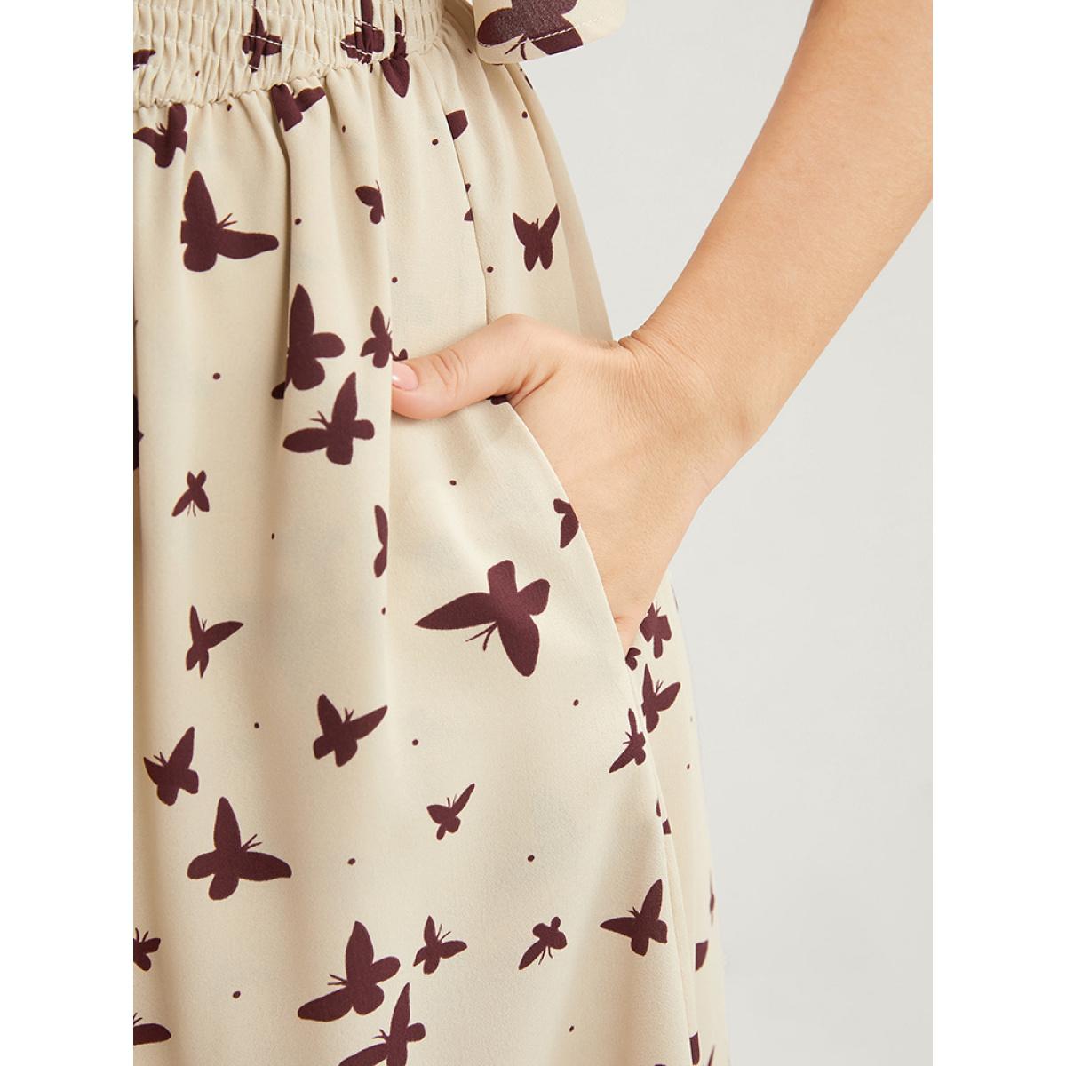 Plus Size Butterfly Print Shirred Raglan Sleeve Pocket Flutter Dress Apricot Women Elegant Gathered Round Neck Half Sleeve Curvy Midi Dress BloomChic 22-24/3X Product Image