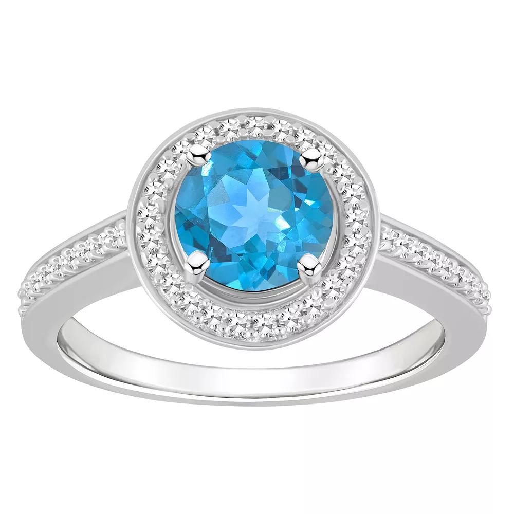 Celebration Gems Sterling Silver 7 mm Round Gemstone & 1/5 Carat T.W. Diamond Halo Ring, Women's, Blue Topaz Product Image