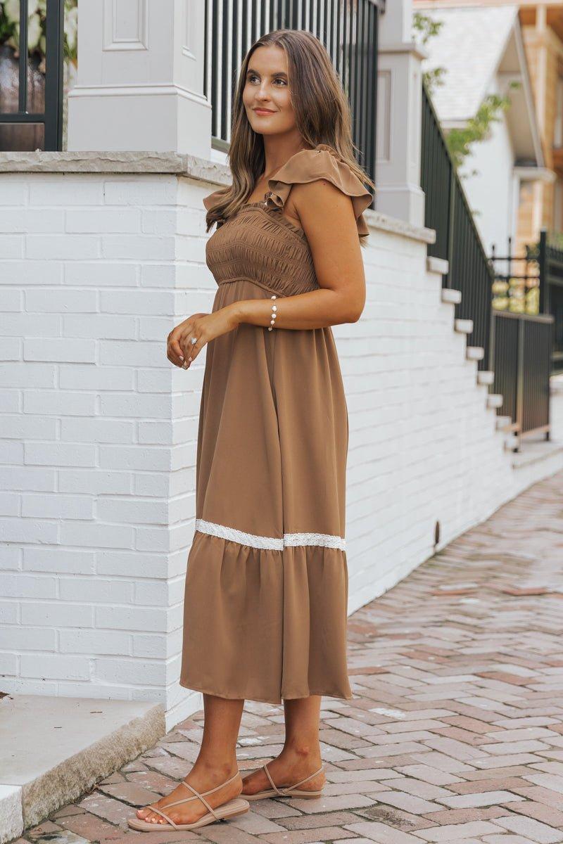 Brown Contrast Flutter Sleeve Midi Dress - FINAL SALE Female Product Image