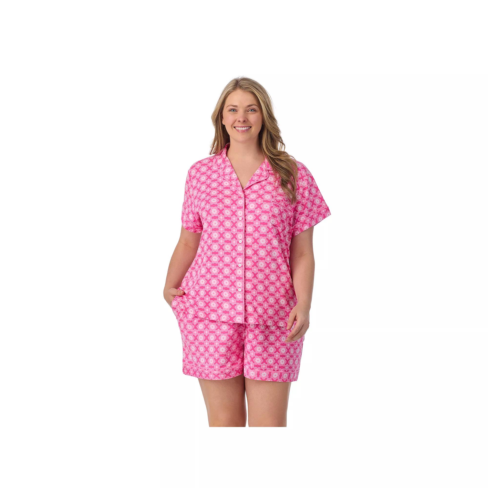 Plus Size Draper James 2-Piece Printed Cozy Short Sleeve Notch Collar Pajama Top & Pajama Shorts Set, Women's, Size: 1XL, Aurora Pink Geo Product Image