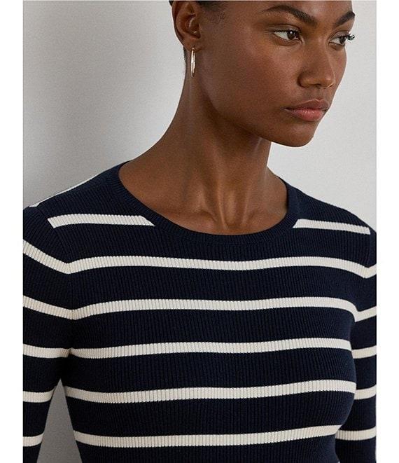 Lauren Ralph Lauren Ribbed Knit Striped Round Neck Long Sleeve Top Product Image