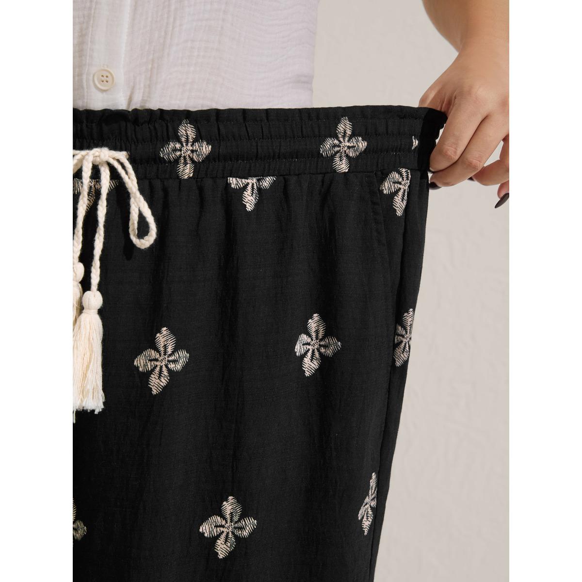 Plus Size Boho Print Color Contrast Wide-Leg Pants Women Black Boho Wide Leg Mid Rise Vacation Pants BloomChic 12/L Product Image