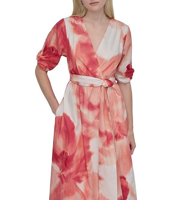 DKNY by Donna Karan Short Sleeve Abstract Floral Print Chiffon Faux Wrap Midi Dress Product Image