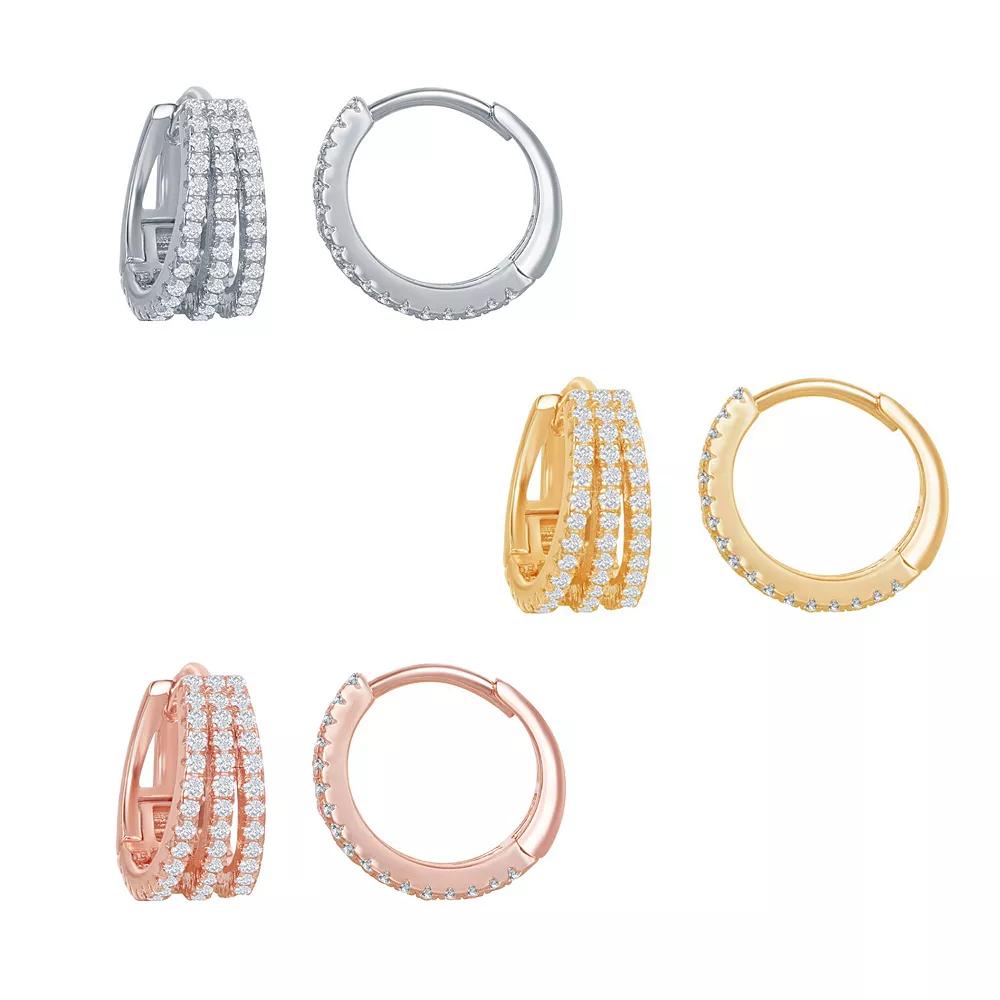 3-pair Tri-Color CZ Hoop Earrings, Women's, Sterling Product Image
