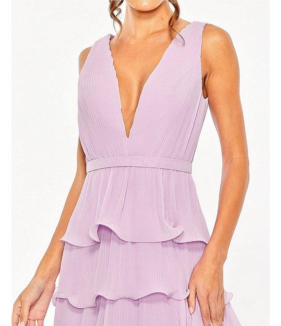 Mac Duggal Chiffon Plunge V-Neck Sleeveless Ruffle Midi A-Line Dress Product Image