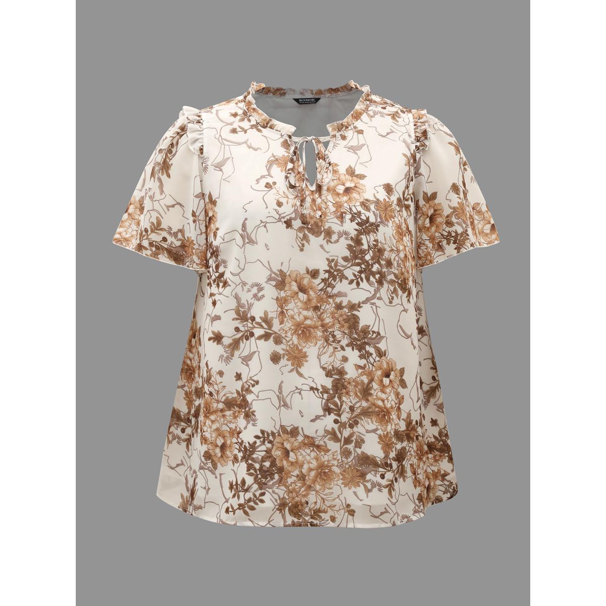 Plus Size WhiteSmoke Floral Print Ruffle Neck Shirt Women Elegant Short sleeve Flat collar with V-notch Everyday Blouses BloomChic 18-20/2X Product Image