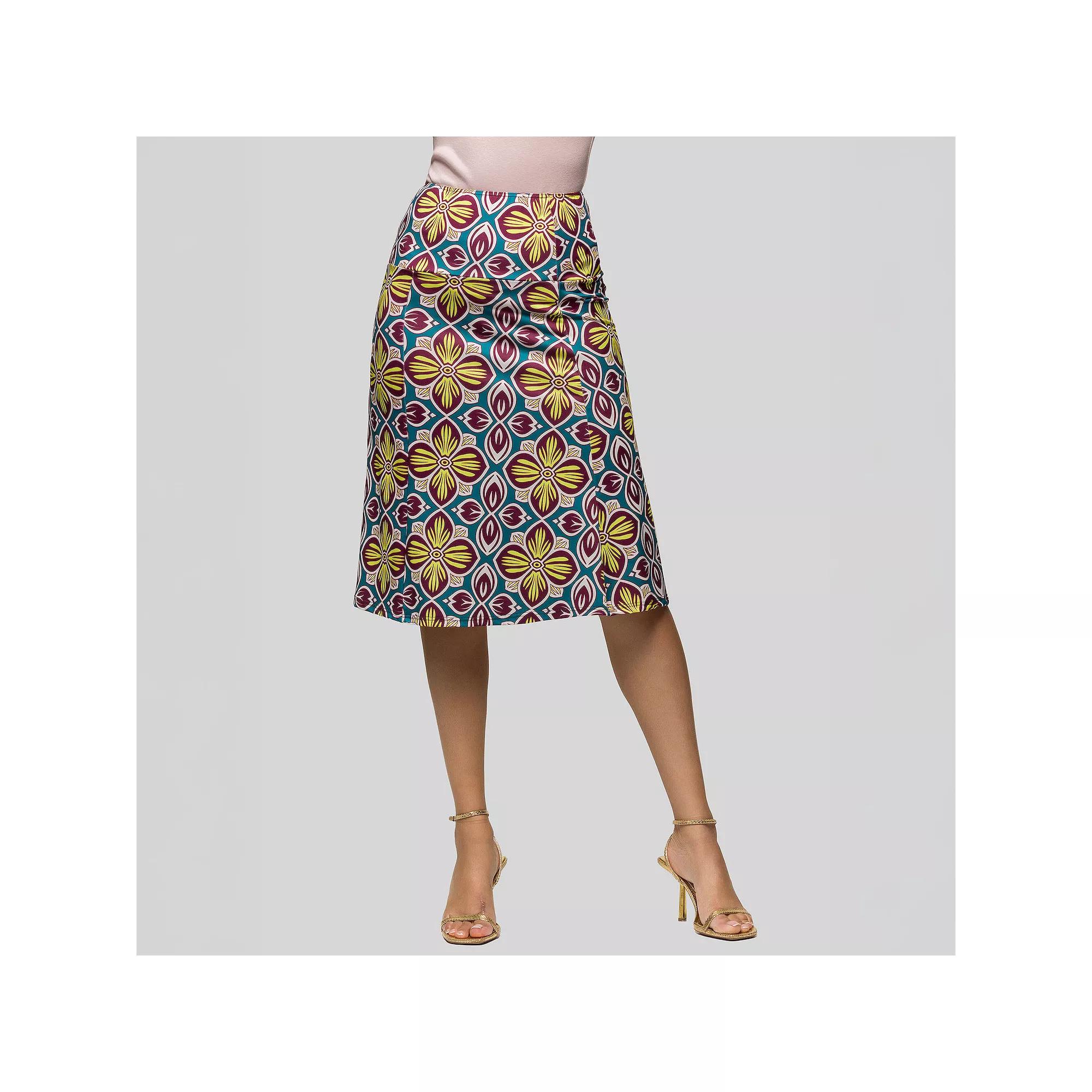 Women's 24Seven Comfort Apparel Print Comfortable Elastic Waist Knee Length Skirt, Size: Large, Yellow Team Product Image