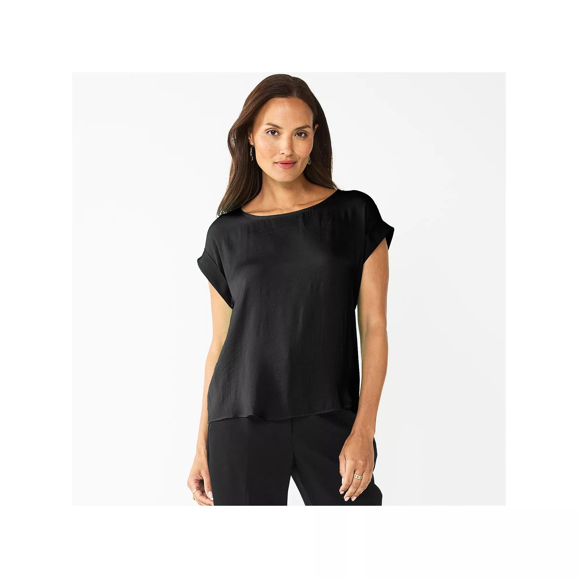 Petite Nine West Short Sleeve Silky Tee, Women's, Size: XXL Petite, Mineral Black Product Image