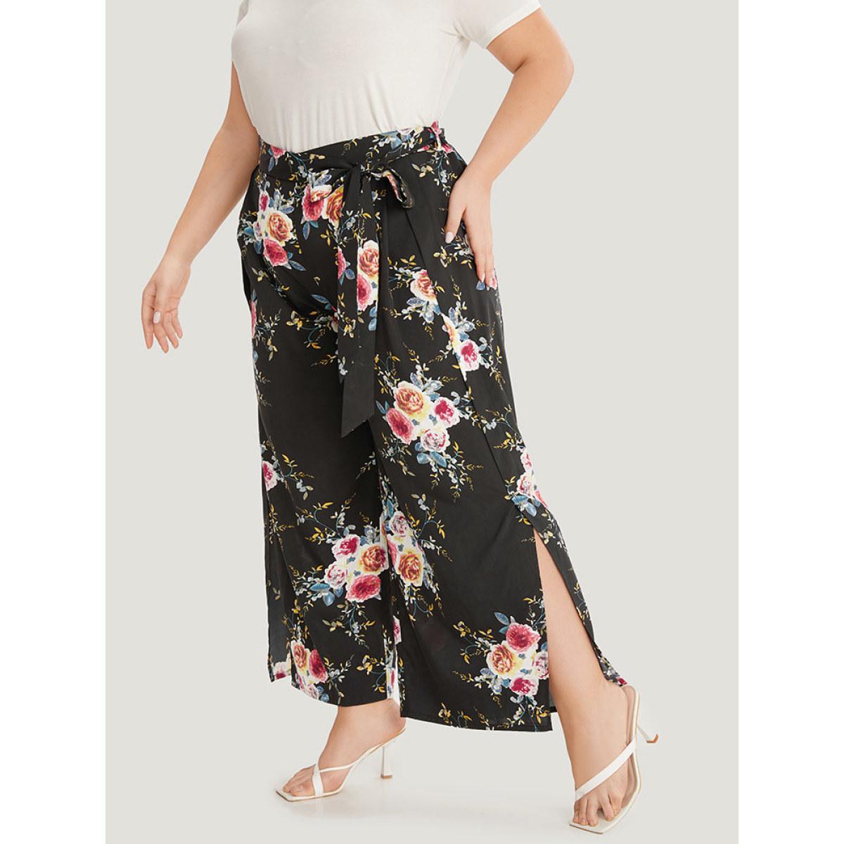 Plus Size Floral Print Belted Split Side Pleated Pants Women BlackFlower Elegant Straight Leg High Rise Dailywear Pants BloomChic 10/M Product Image