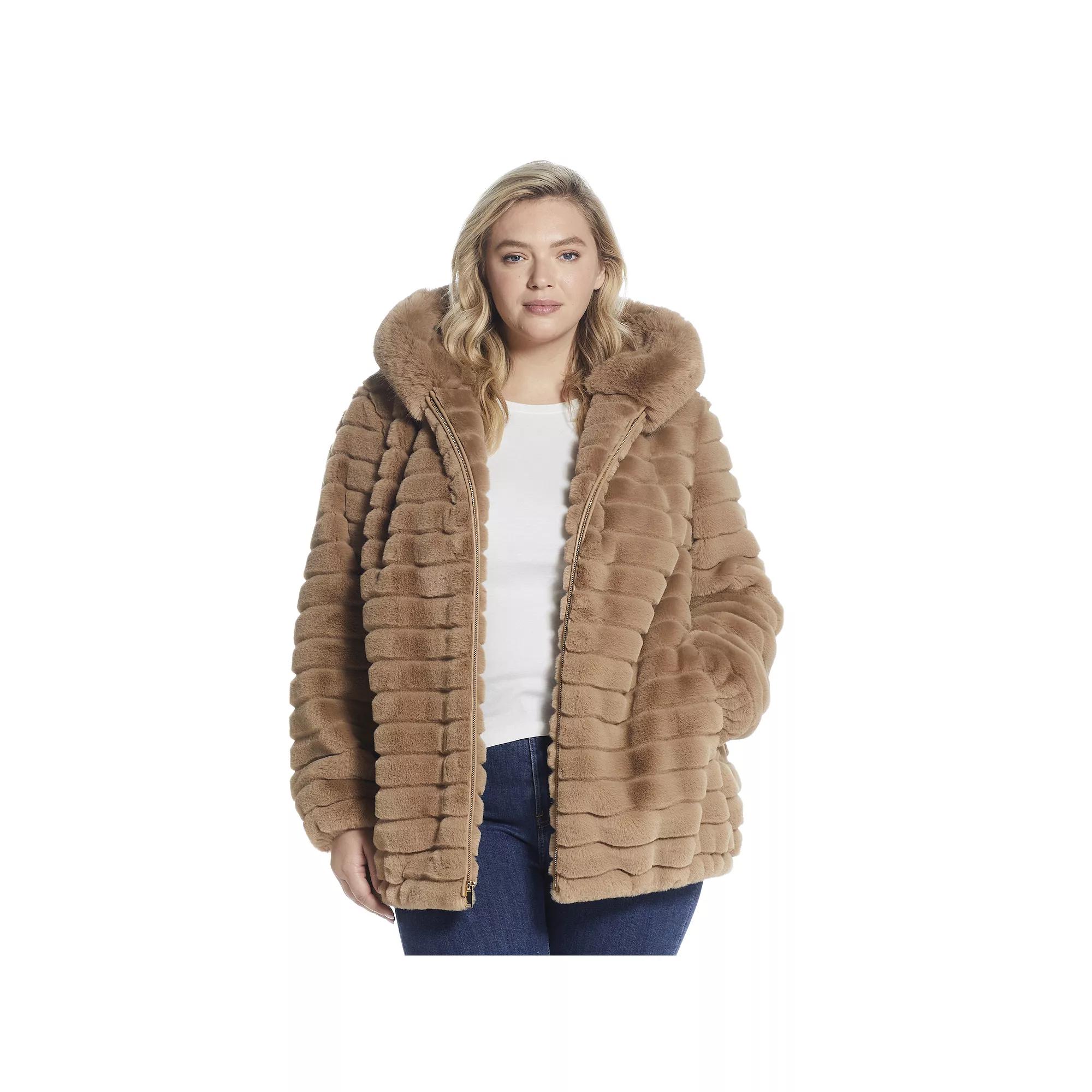 Plus Size Gallery Hooded Faux-Fur Zip-Up Jacket, Womens Ivory Product Image