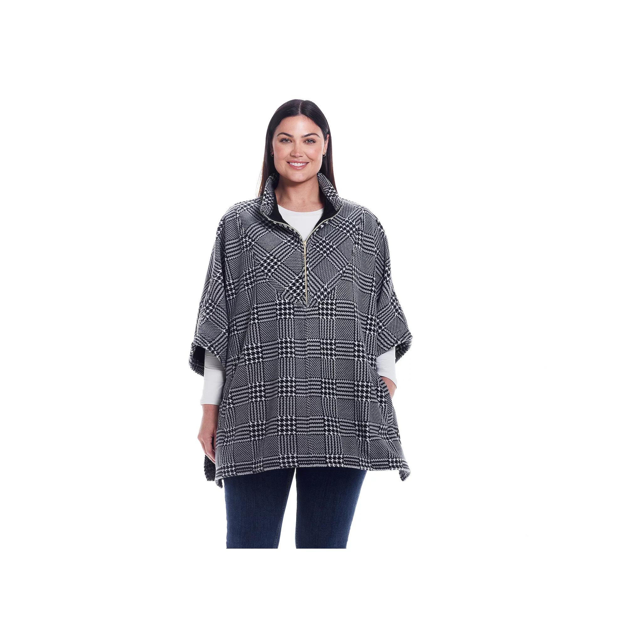 Women's Weathercast Zip Fleece Poncho, Black White Product Image