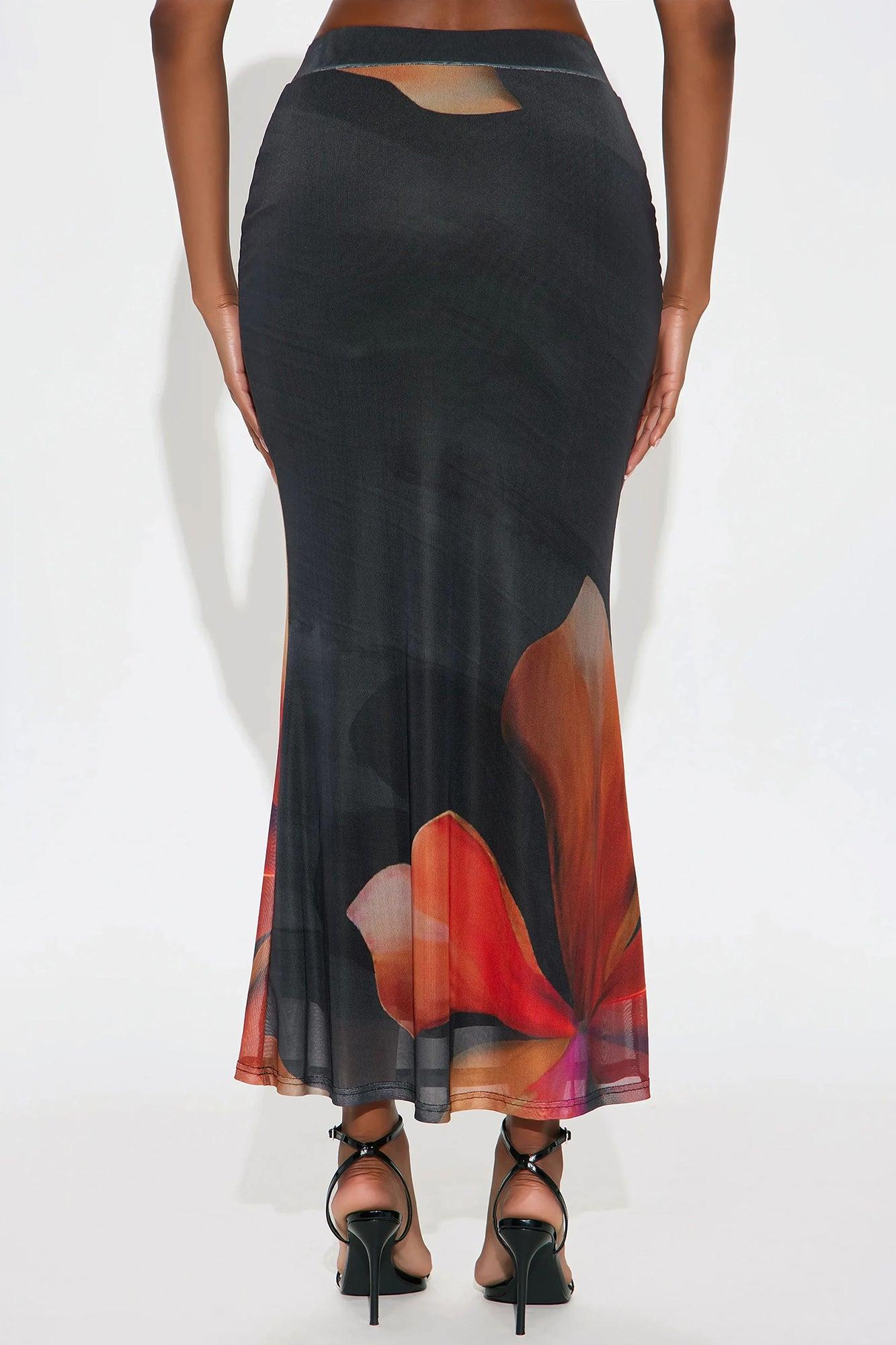 Into The Night Floral Mesh Maxi Skirt - Black/Orange Product Image