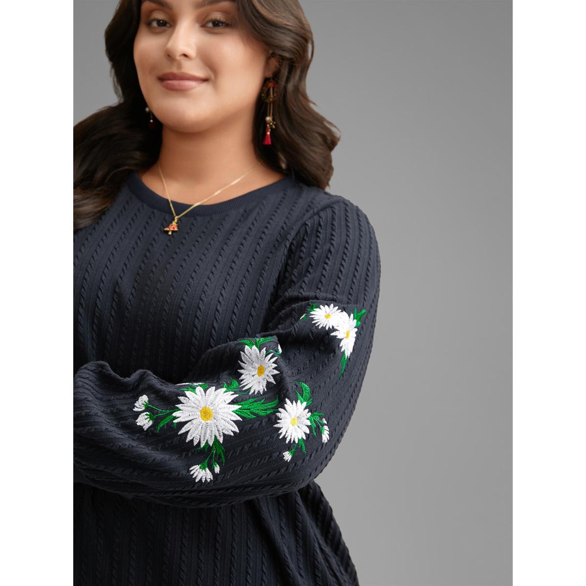 Plus Size Floral Embroidered Sleeves Sweatshirt Women Indigo Casual Texture Round Neck Everyday Sweatshirts BloomChic 10/M Product Image