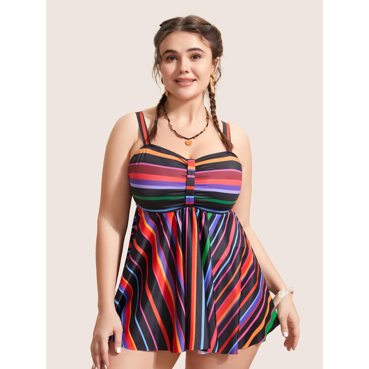 Plus Size Heart Neckline Striped Contrast Gathered Swim Top Women's Swimwear Black Beach Gathered High stretch Bodycon Heart neckline Curve Swim Tops BloomChic 14-16/1X Product Image