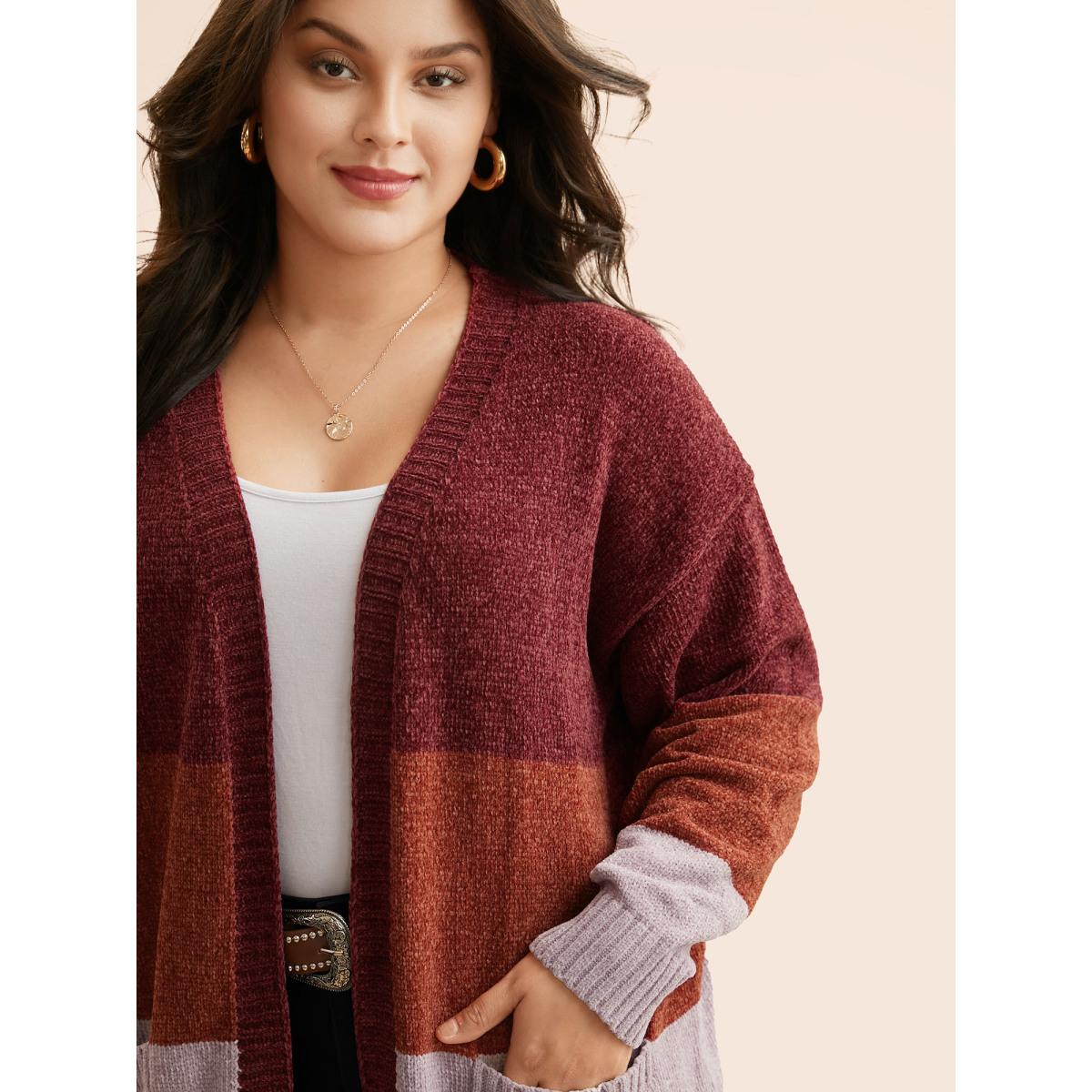 Plus Size Colorblock Contrast Patch Pocket Cardigan Yellowishbrown Women Leisure Loose Long Sleeve Casual Cardigans BloomChic 12/L Product Image