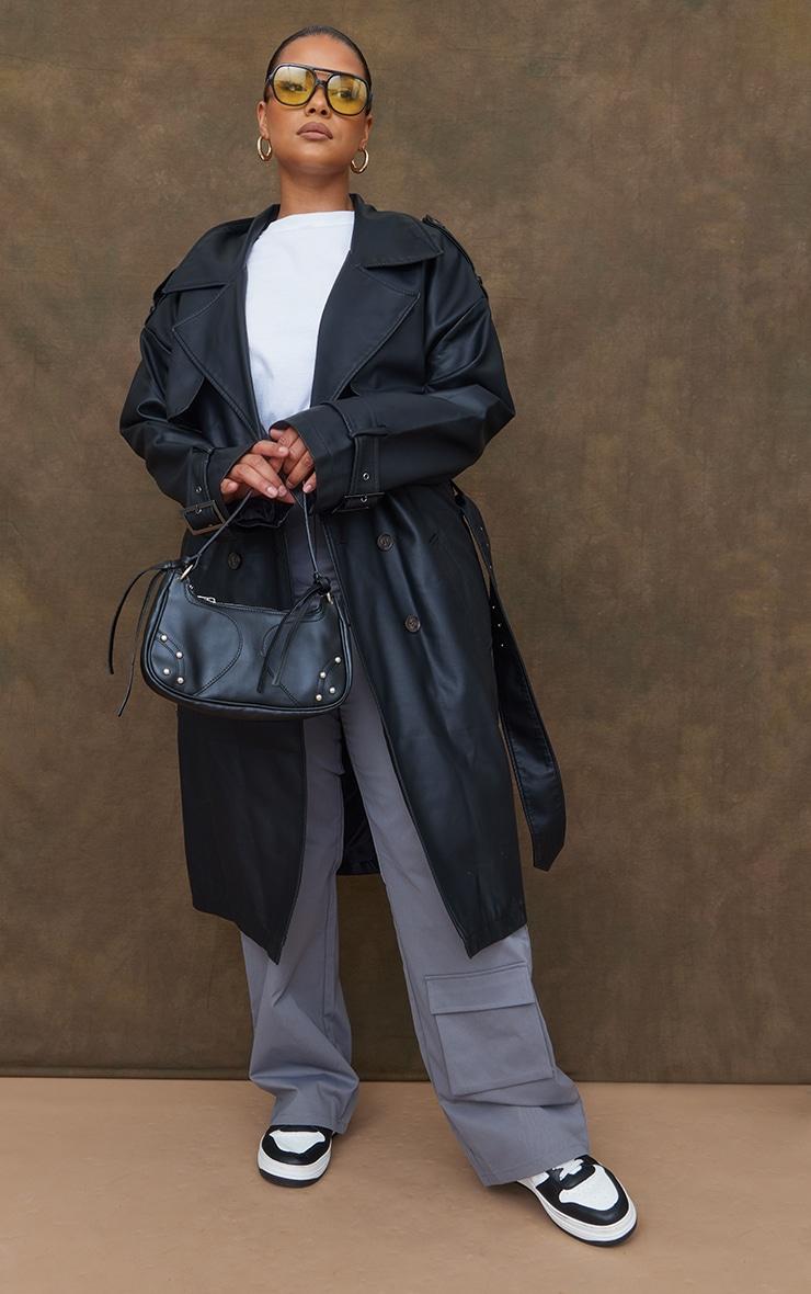 Plus Black Faux Leather Statement Buckle Trench Coat Product Image