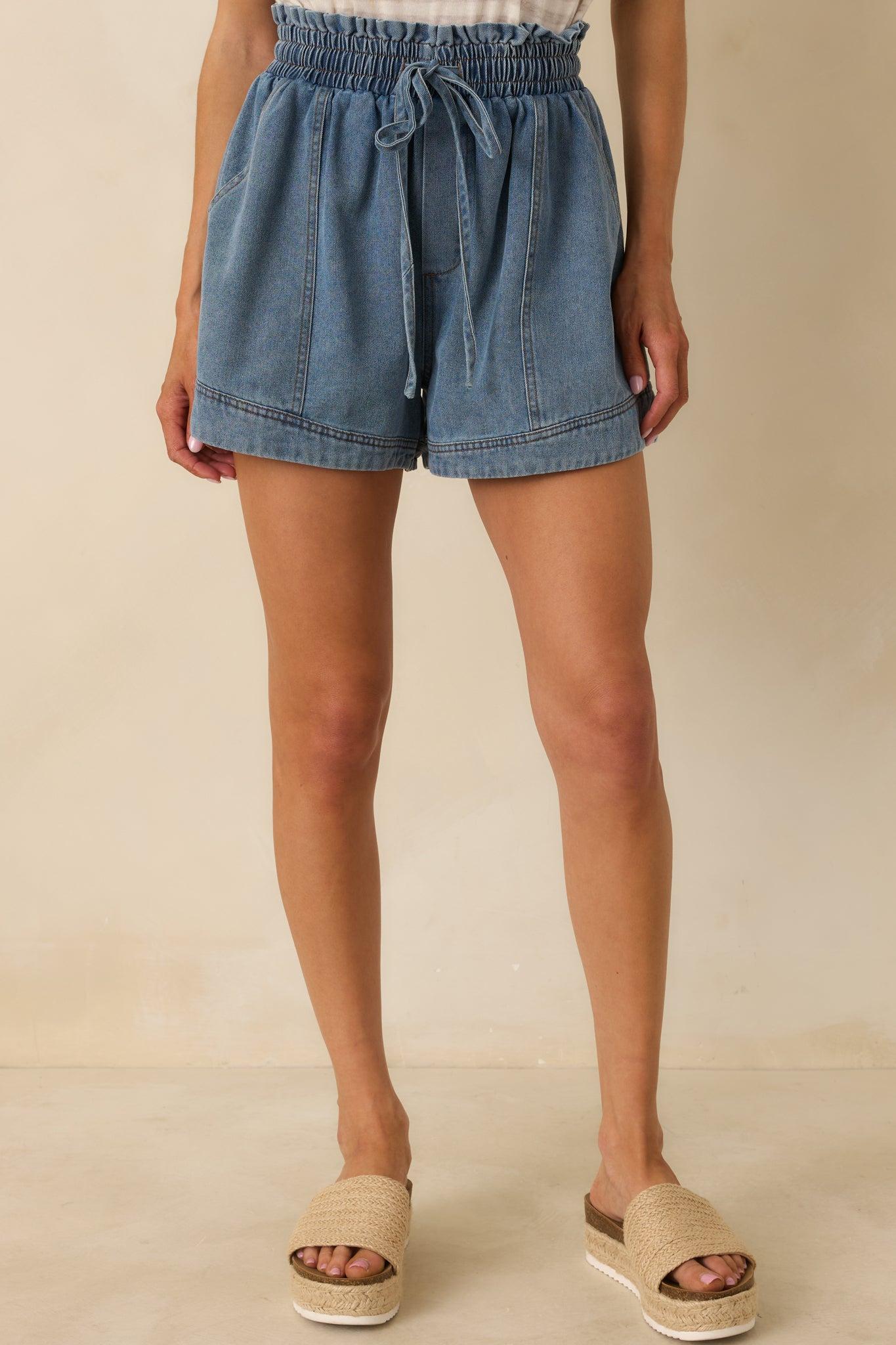 First Things First Medium Wash Cotton Drawstring Denim Shorts L / Medium Wash Product Image