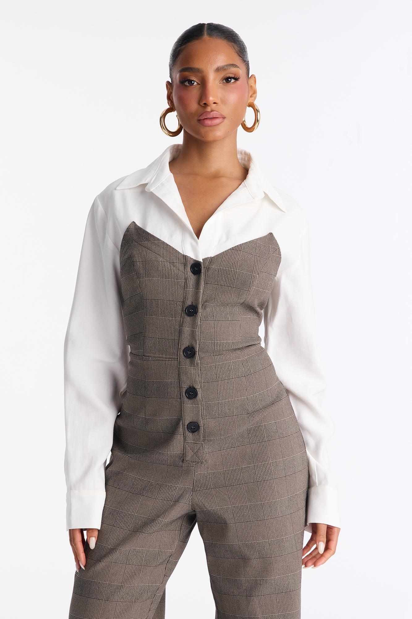 Tactical Plaid Jumpsuit - Brown/combo Female Product Image
