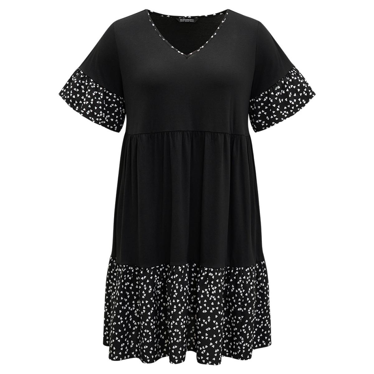 Plus Size Supersoft Essentials Heart Print Patchwork Flutter Trim Dress Black Women Casual Gathered V-neck Short sleeve Curvy Midi Dress BloomChic 28/5X Product Image