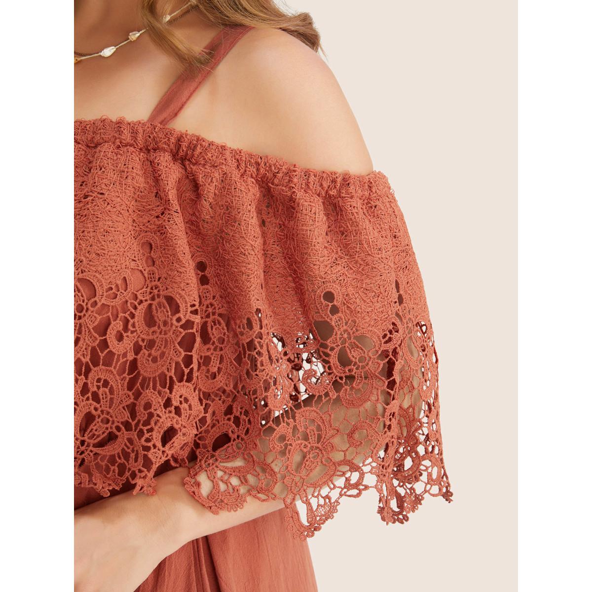 Plus Size Solid Cold Shoulder Contrast Lace Pocket Ruffle Hem Dress Chocolate Women Resort Broderie anglaise Non Short sleeve Curvy Midi Dress BloomChic 28/5X Product Image