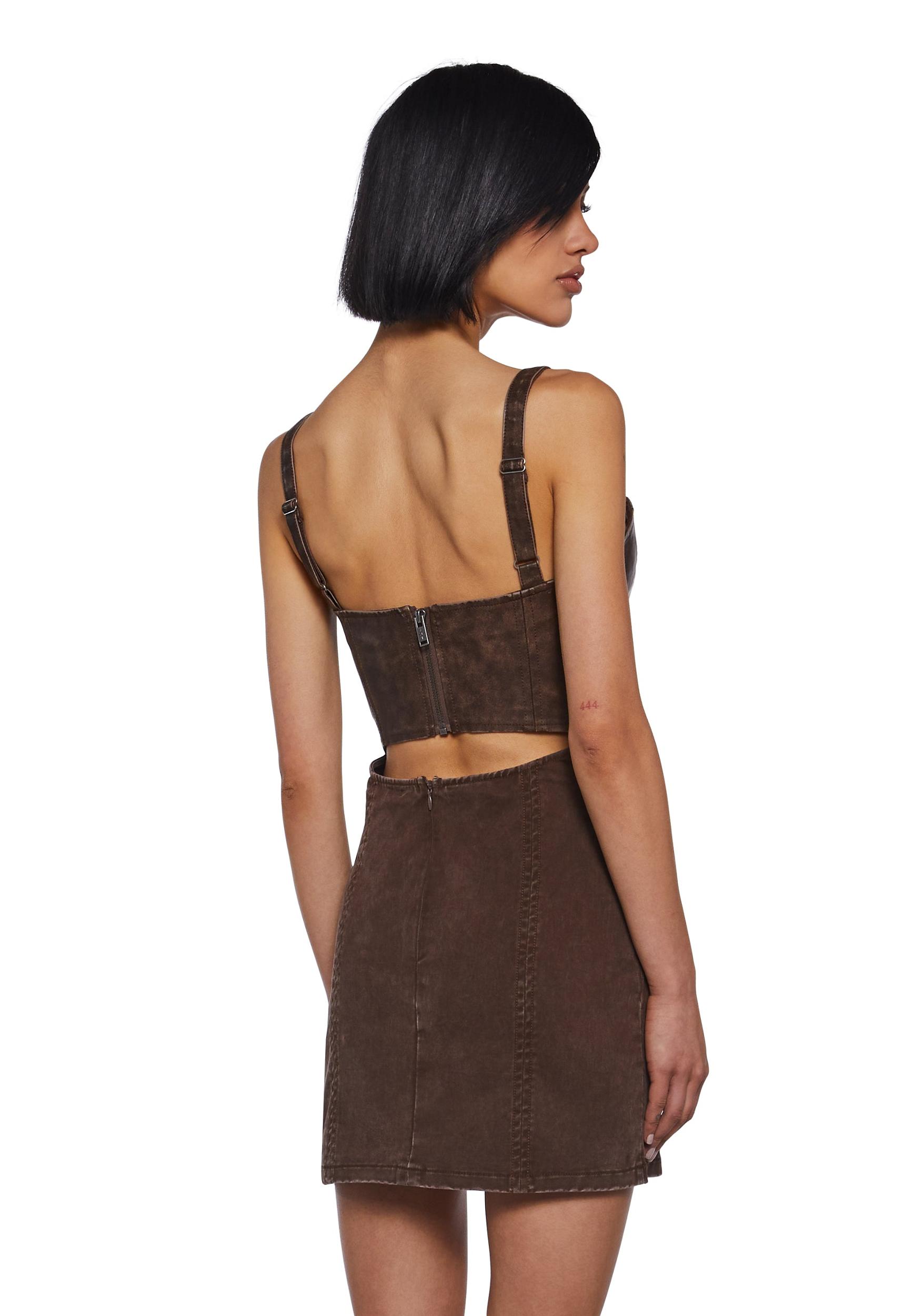 Womens Matte Vegan Leather And Twill Corset Mini Dress Darker Wavs - Brown Product Image