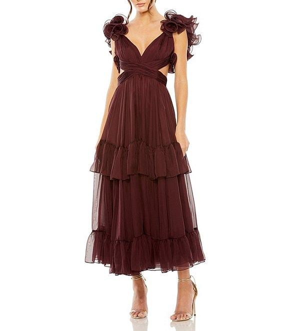 Mac Duggal V-Neck Ruffle Tiered Cut-Out Chiffon Dress Product Image