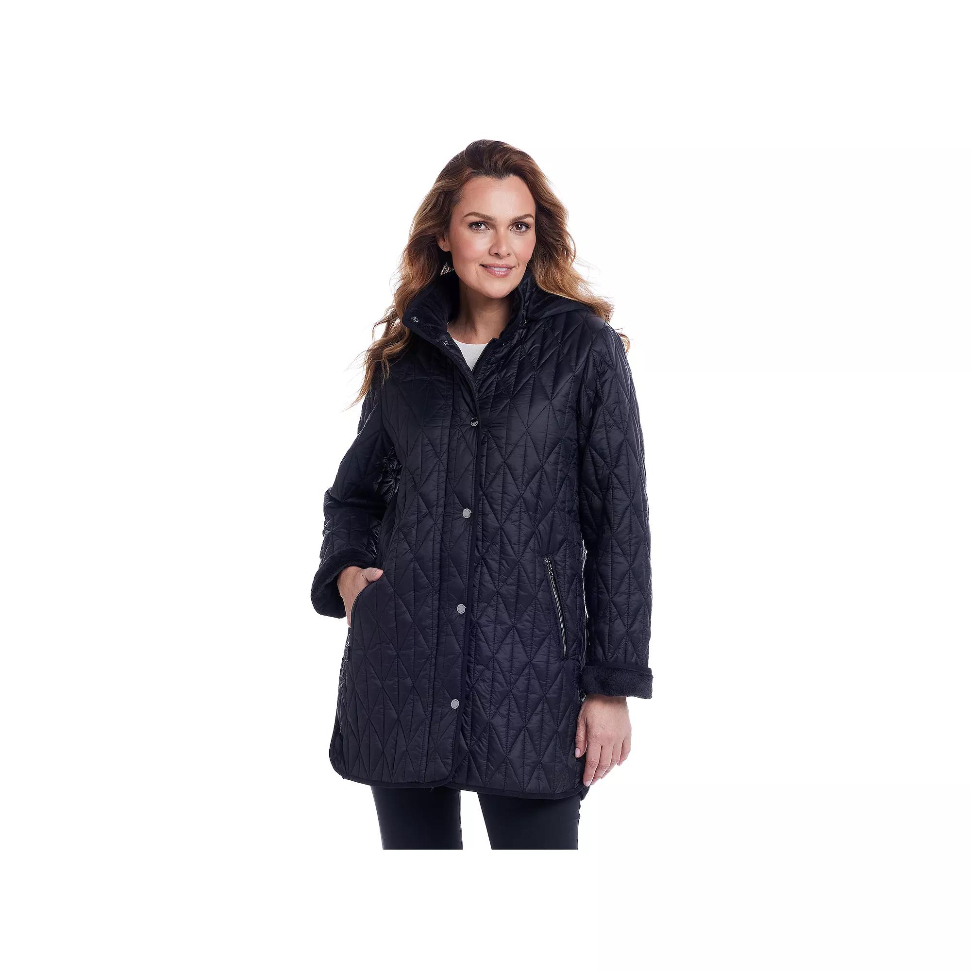Women's Gallery Faux-Fur Hooded Quilt Long Jacket, Size: Medium, Black Product Image