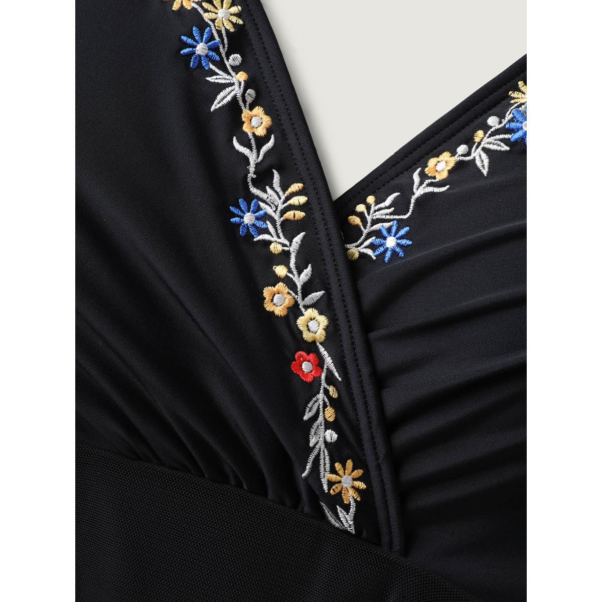 Plus Size Floral Embroidered Sheer Surplice Swim Dress Women's Swimwear Black Resort Bodycon Overlap Collar High stretch Curve Swim Dresses BloomChic 10/M Product Image