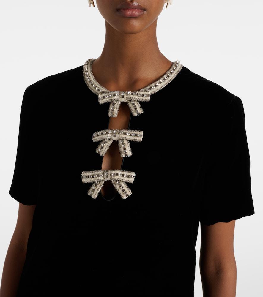VALENTINO Crystal Bow Velvet Mini Dress With Feather Trim In Black Product Image