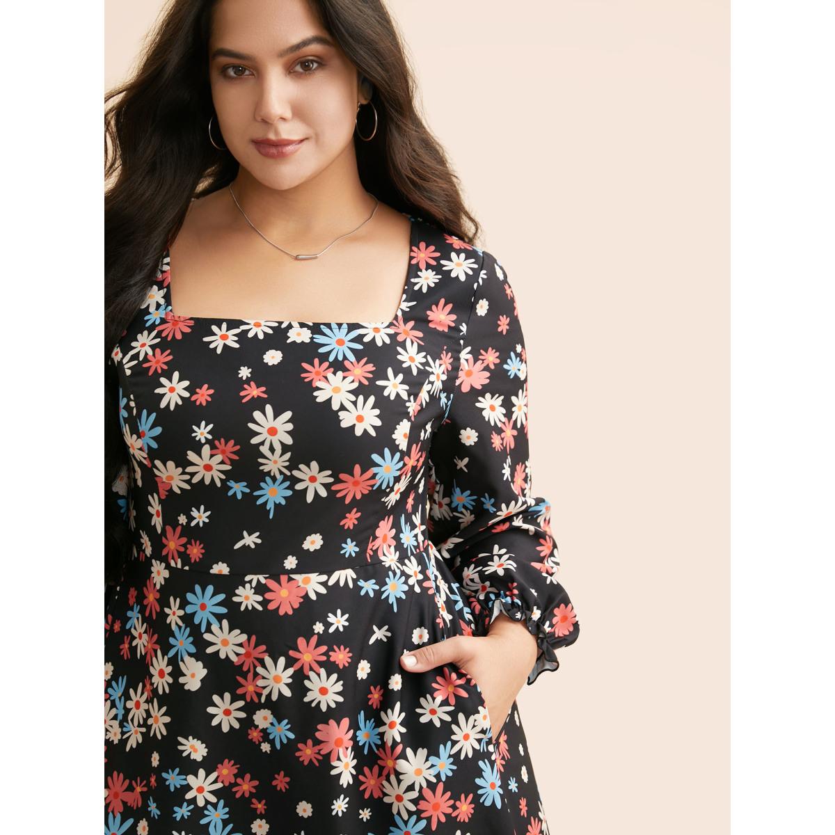 Plus Size Floral Square Neck Lantern Sleeve Dress BlackFlower Women Elegant Ruffles Square Neck Long Sleeve Curvy BloomChic 26/4X Product Image