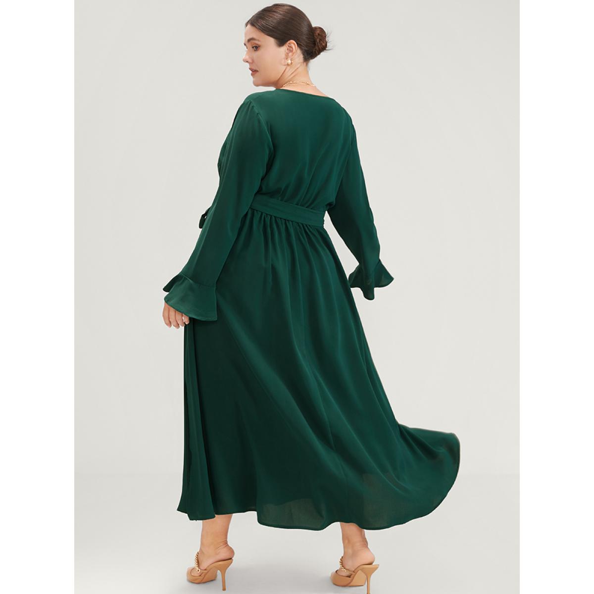 Plus Size Solid V Neck Ruffled Button Detail Belted Split Maxi Dress Green Women Elegant Pocket V-neck Long Sleeve Curvy Long Dress BloomChic 28/5X Product Image