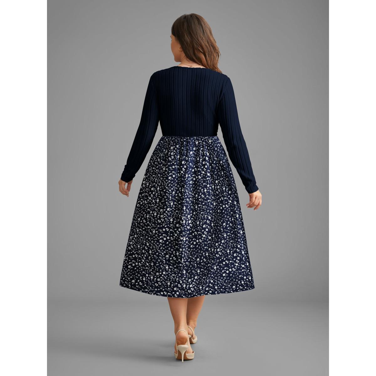Plus Size Ditsy Floral Patchwork Texture Midi Dress Indigo Women Elegant Texture V-neck Long Sleeve Curvy BloomChic 22-24/3X Product Image