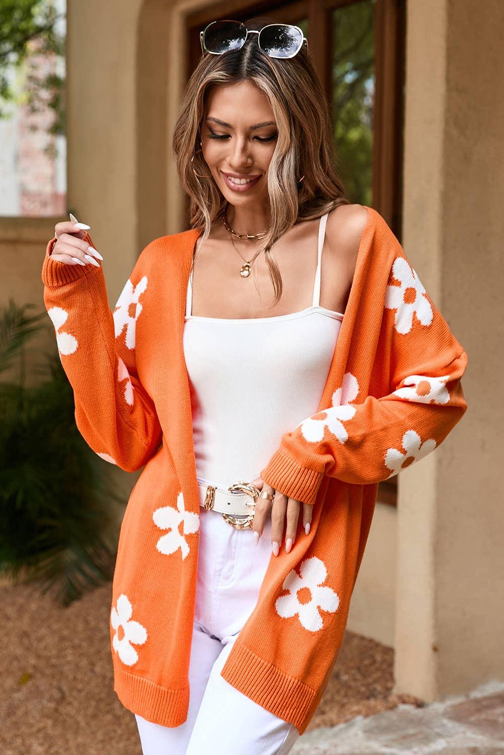 Floral Print Knitted Open Front Loose Cardigan: Orange Product Image