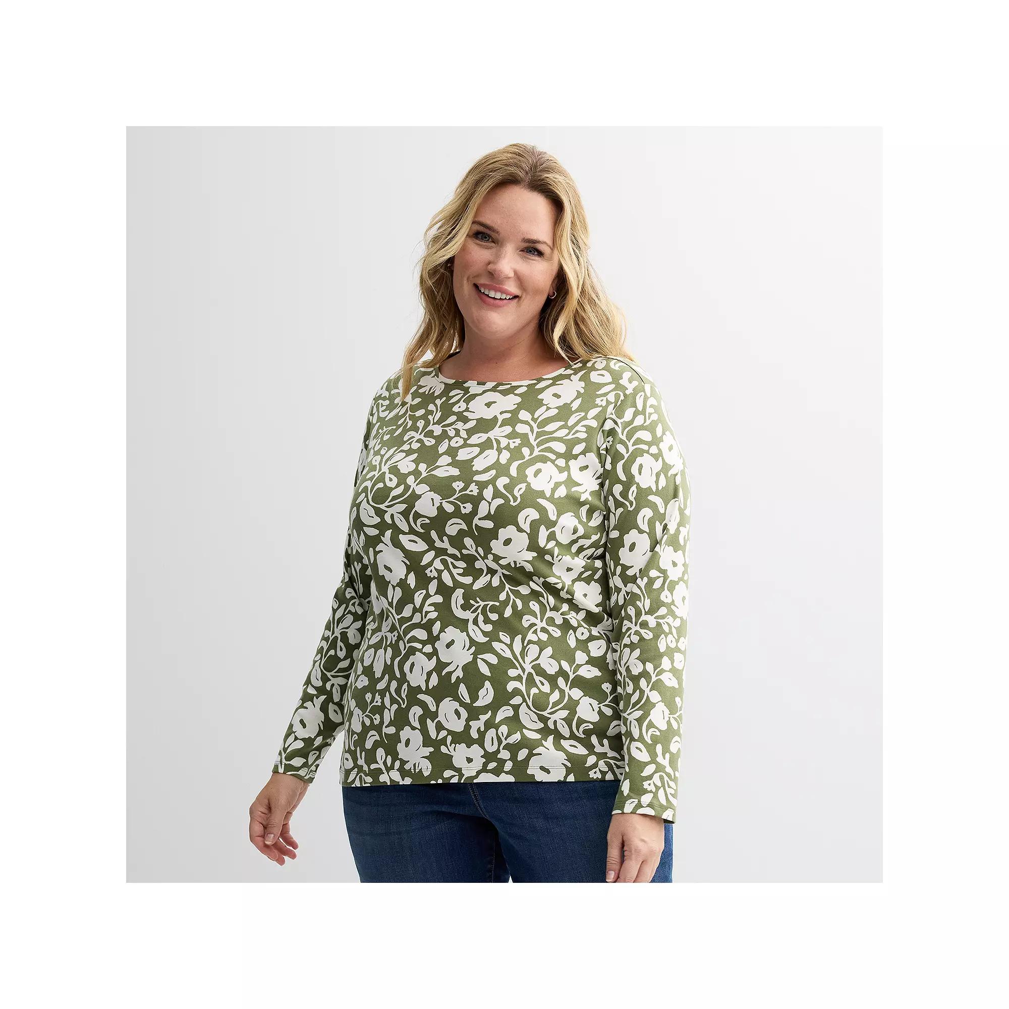 Plus Size Croft & Barrow® Essential Crewneck Long Sleeve Tee, Women's, Size: 3XL, Green Chic Floral Product Image