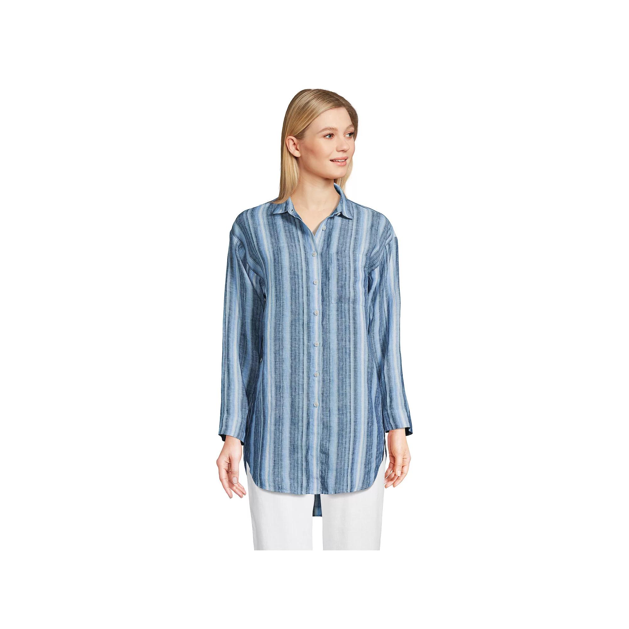 Women's Lands' End Linen Long Sleeve Relaxed Tunic Top, Size: Large, Grey Blue Stripe Product Image
