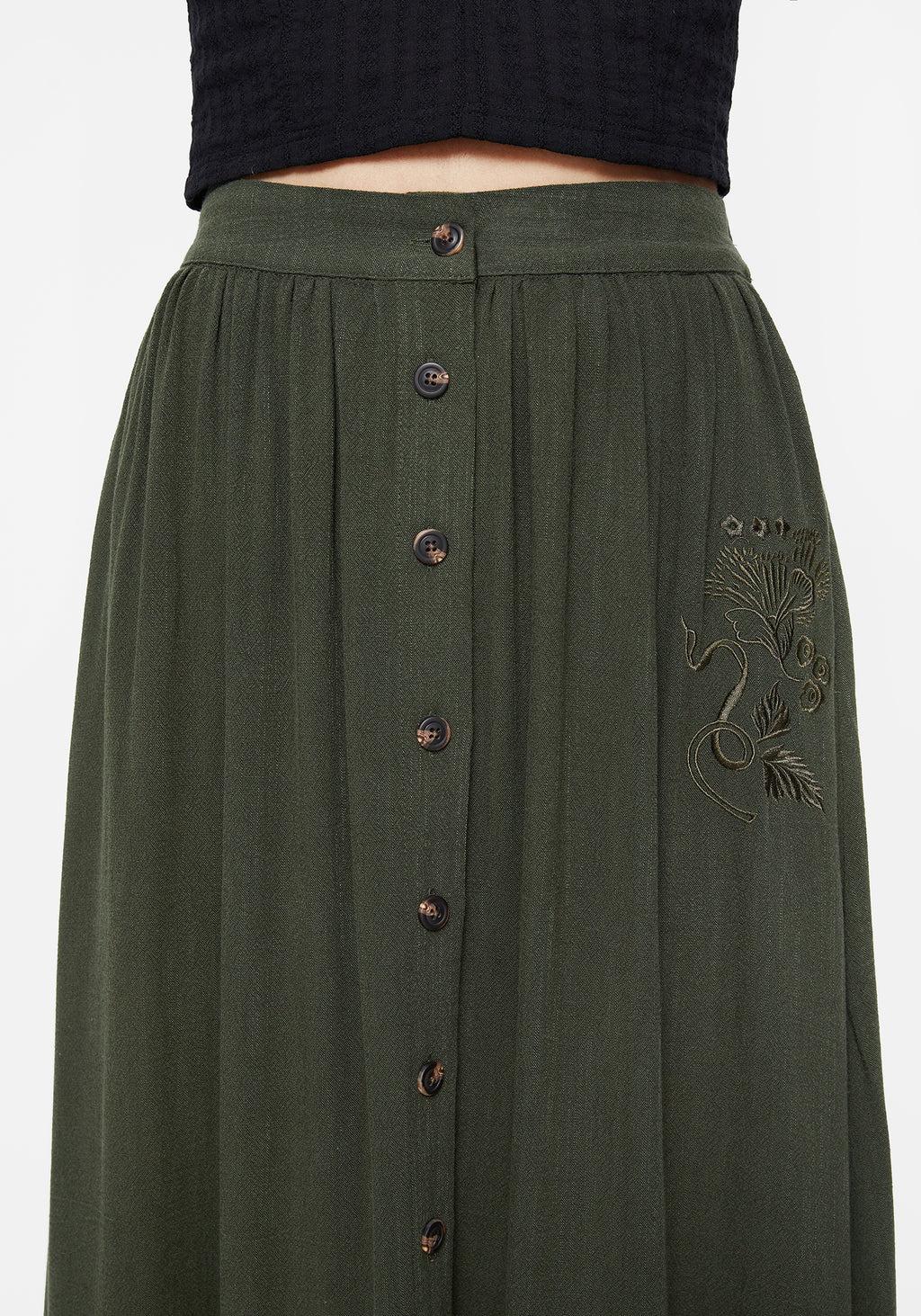 Foliate Linen-Blend Embroidered Button Up Midaxi Skirt - Green Product Image