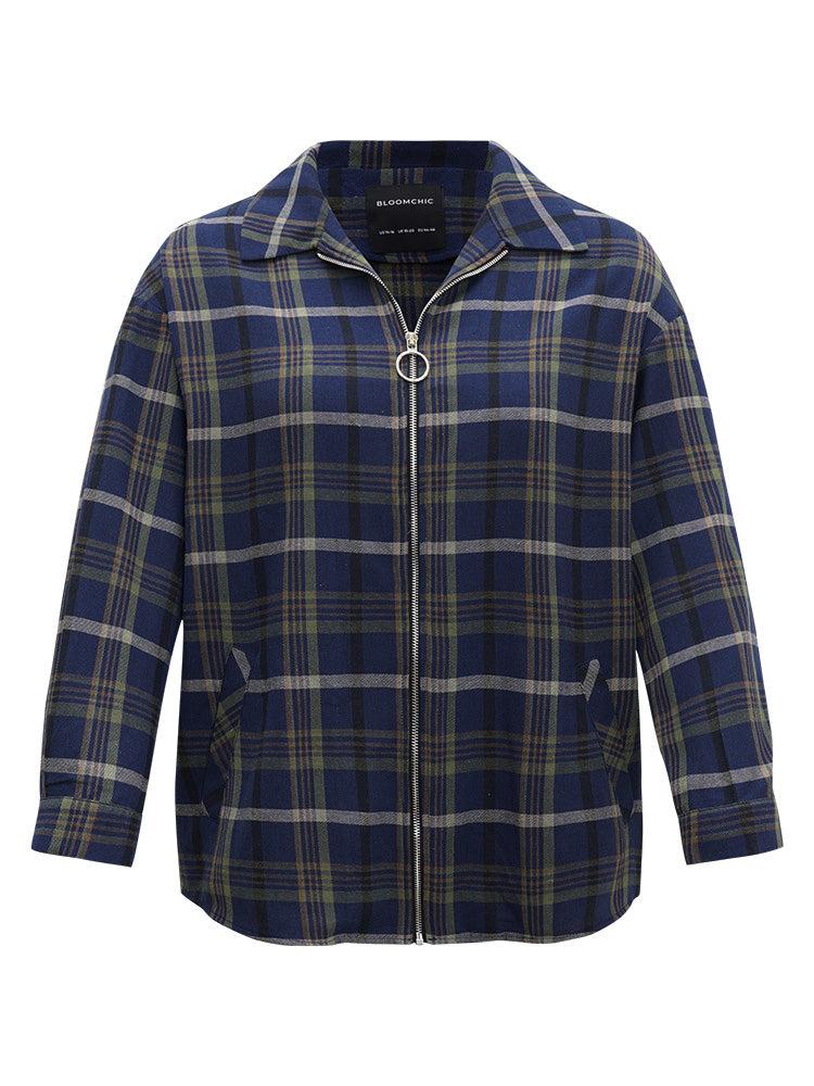 Plaid Lapel Collar Pocket Zipper Fly Coat Female Product Image