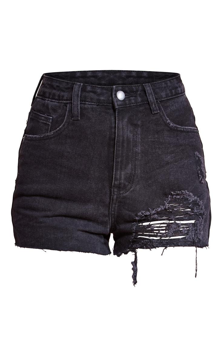 PRETTYLITTLETHING Washed Black Ripped Denim Mom Shorts Product Image