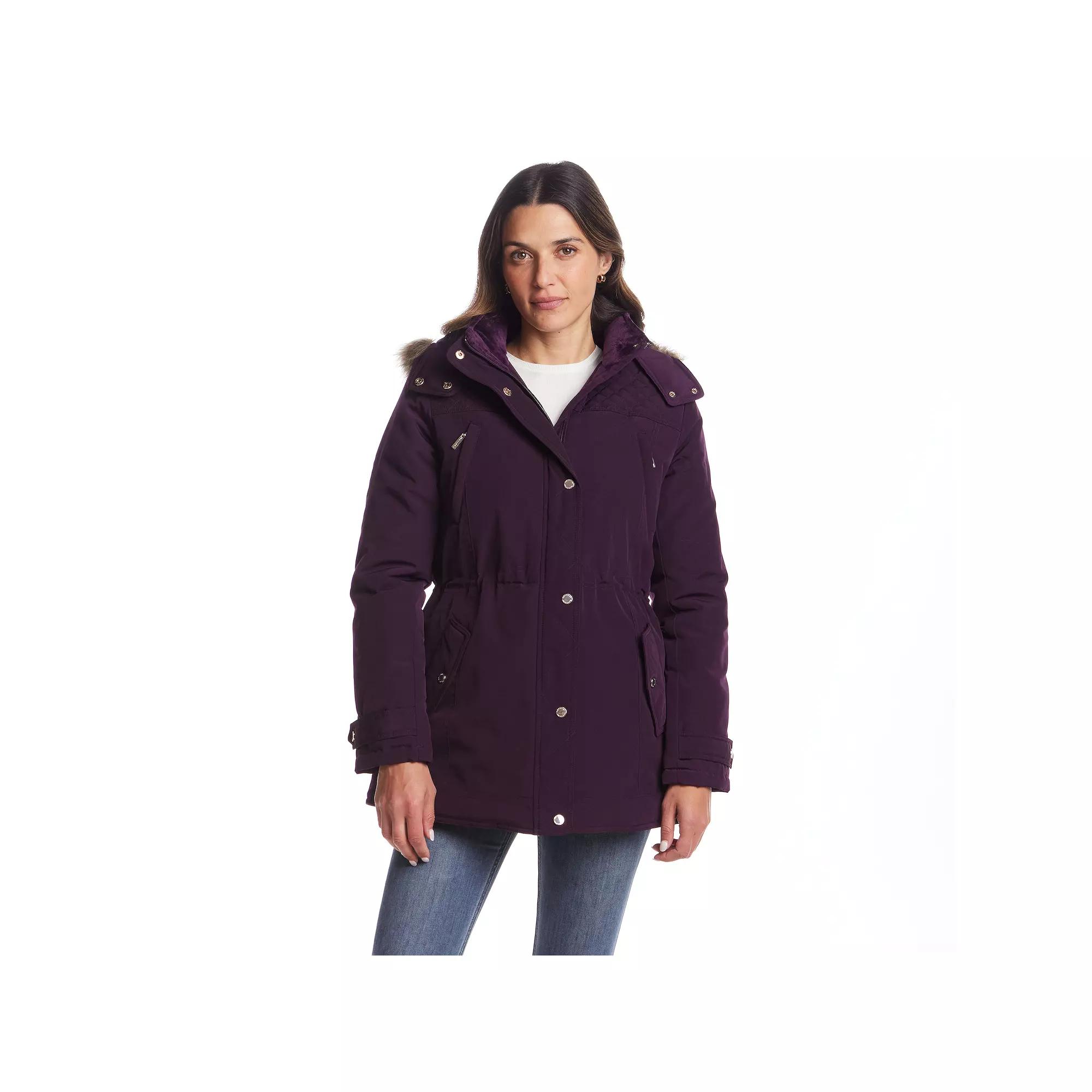 Women's Gallery Faux Fur Trim Hooded Heavyweight Stadium Jacket, Size: Medium, Blackberry Product Image