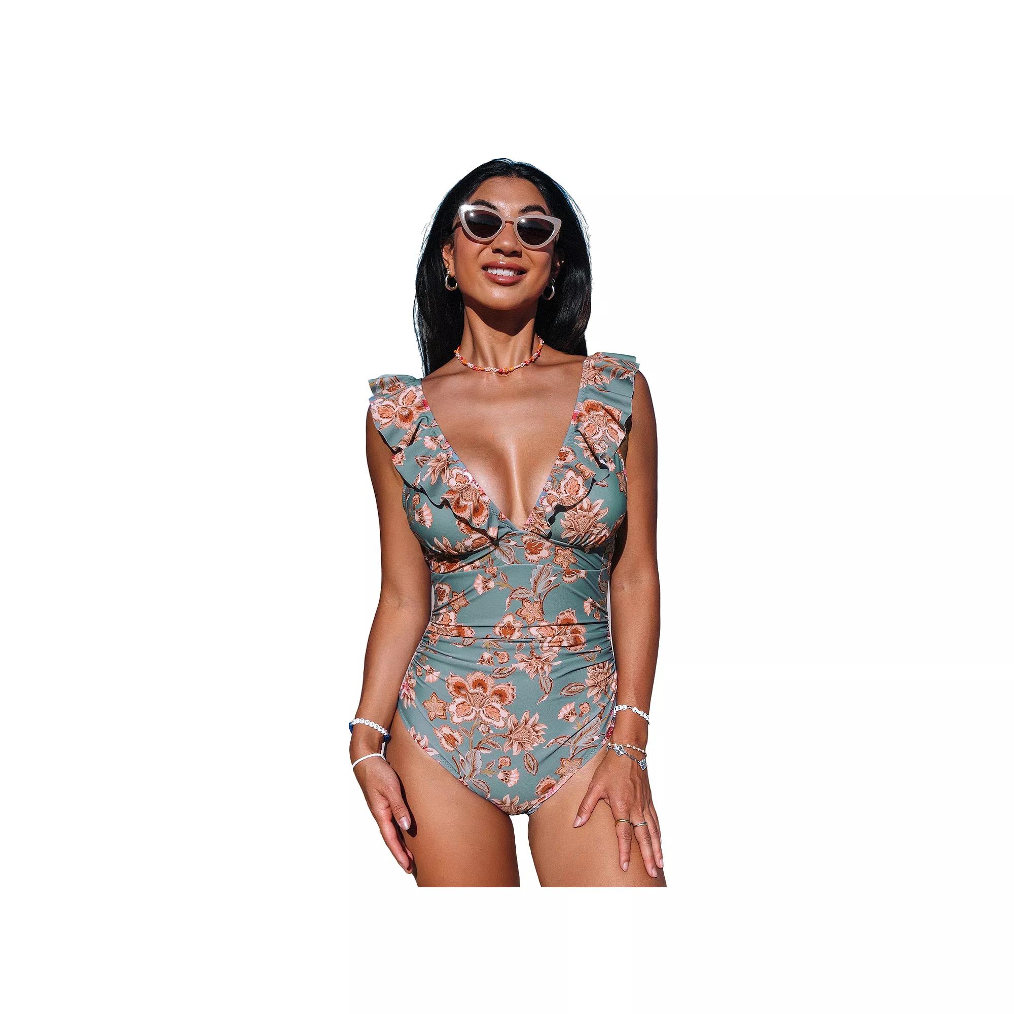 Women's Cupshe Floral Flutter Lace-Up Back One-Piece Swimsuit, Size: Small, Green Product Image