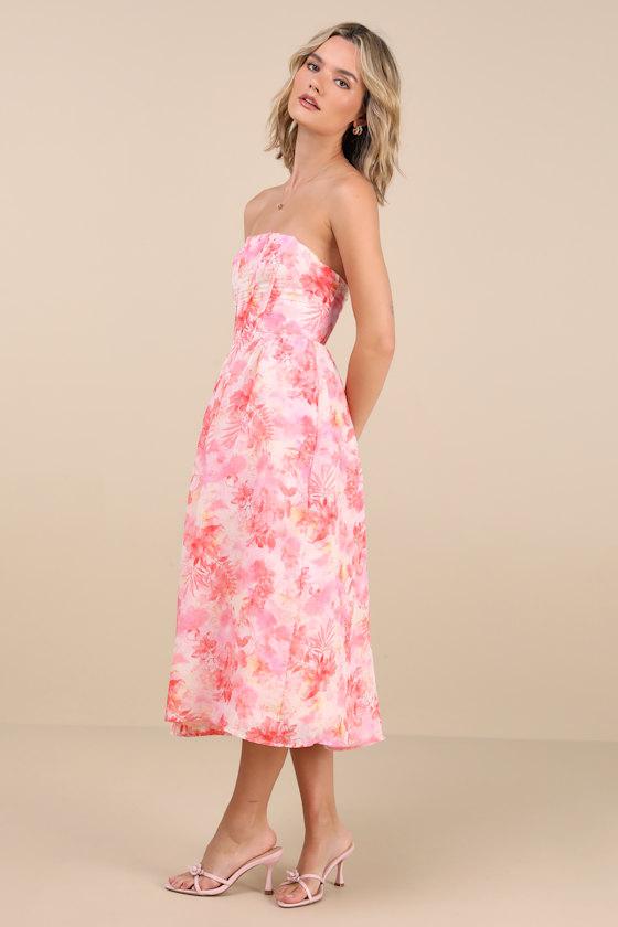 Eulalia Pink Floral Lace-Up Strapless Bustier Midi Dress Product Image