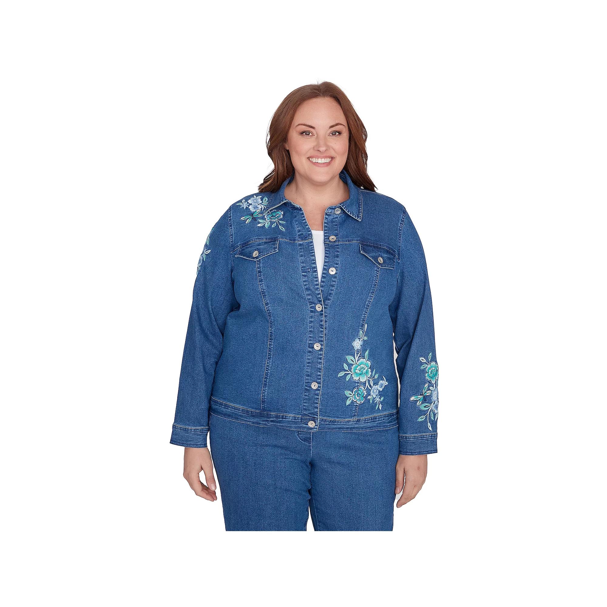 Plus Size Alfred Dunner Floral Embroidered Denim Jacket, Women's, Size: 2XL, Medium Blue Product Image
